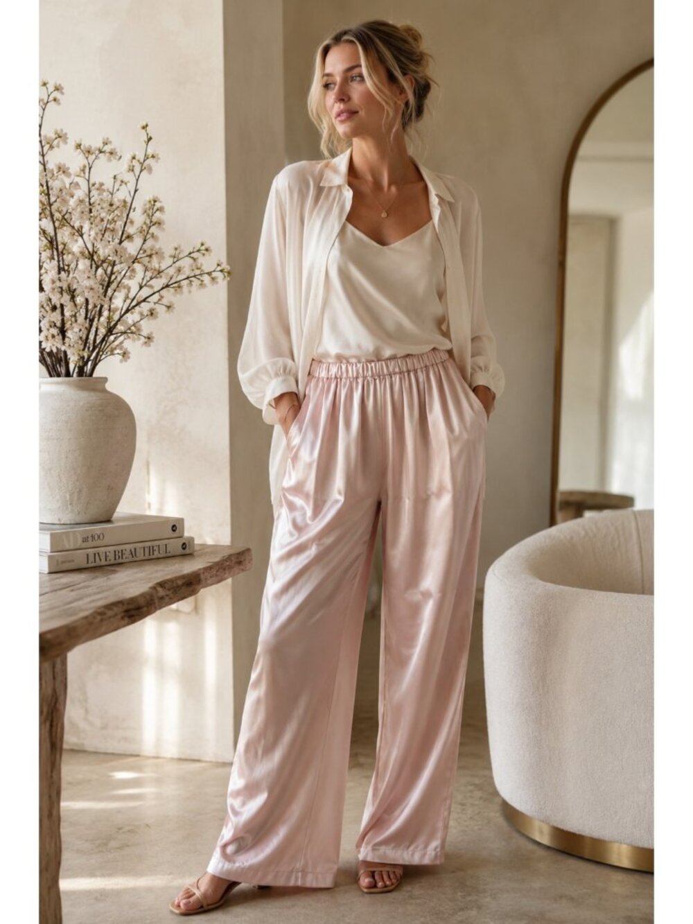 Erika Taylor Satin Pull On Pants Pink Size L Wide Leg Elastic Waist Lounge Caree